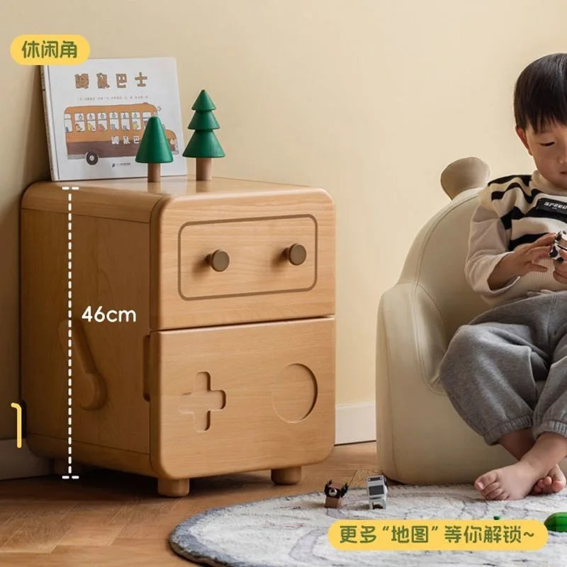 Solid Wood Bedside Table Cartoon Robot Style Storage Cabinet Kids Bedroom Household Locker