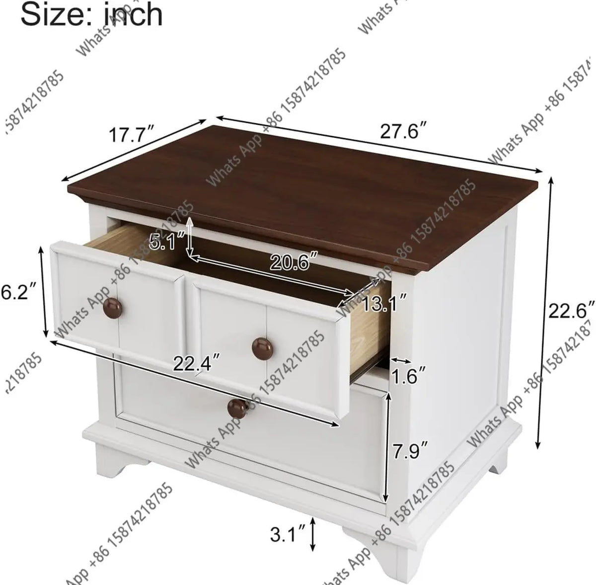 AZ Two-Drawer Nightstand Kids Night Stand End Side Table for Bedroom, Living Room, Kids' Room, White+Walnut