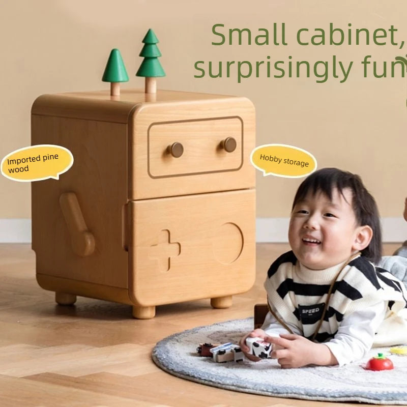 Solid Wood Bedside Table Cartoon Robot Style Storage Cabinet Kids Bedroom Household Locker